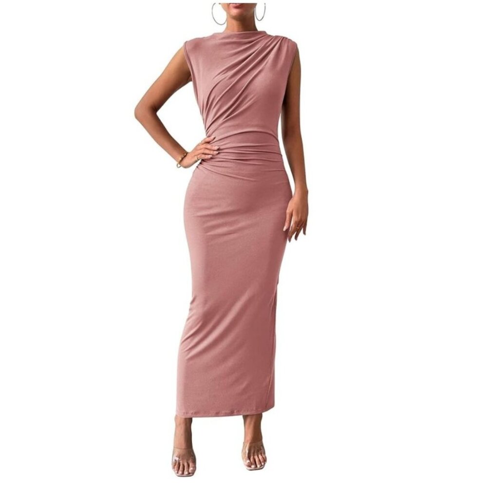 Womens Medium Ruched Bodycon Dress Sleeveless Back Slit Maxi